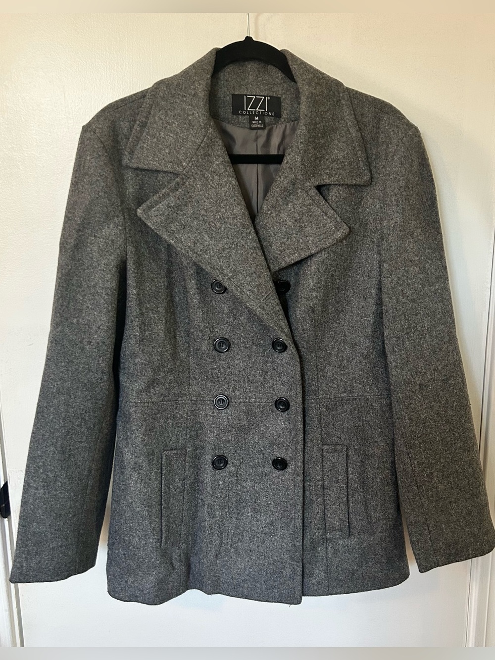 IZZI Collections Women’s 100% Wool Pea Coat Double Breasted Lined Gray M- READ
